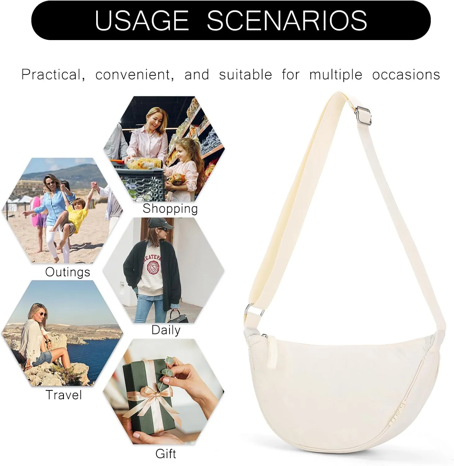 Small Nylon Crescent Crossbody Bag for Women Men Trendy, Waterproof Crescent Sling, Lightweight Travel Purses