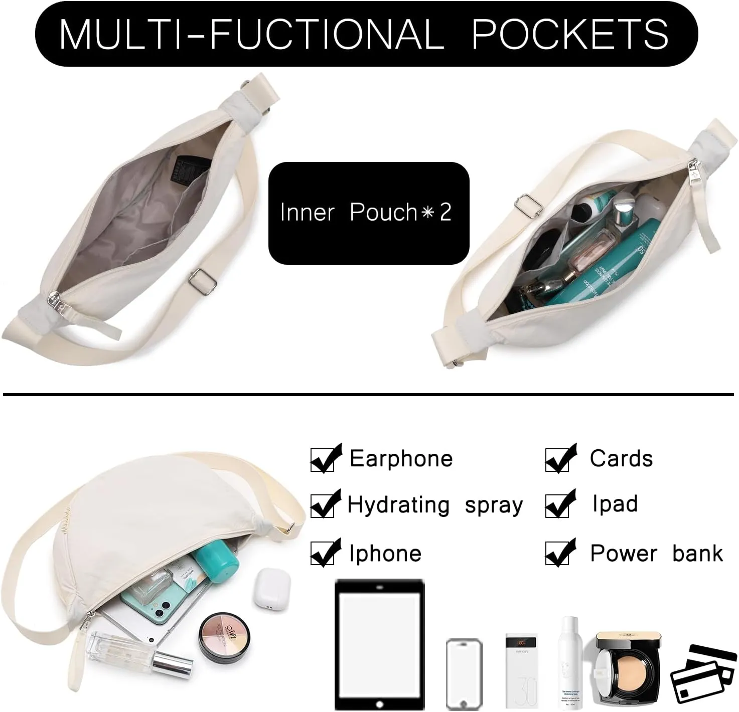 Small Nylon Crescent Crossbody Bag for Women Men Trendy, Waterproof Crescent Sling, Lightweight Travel Purses