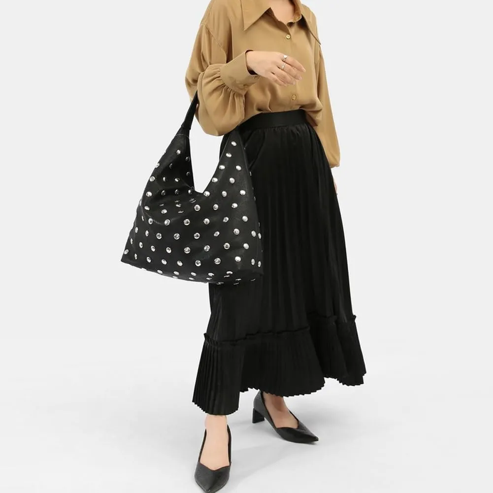 Studded Hobo Bags for Women Soft Vegan Leather Studded Shoulder Handbag Slouchy Tote Purses