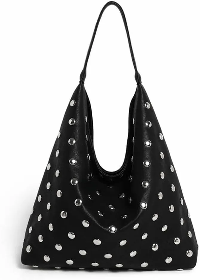 Studded Hobo Bags for Women Soft Vegan Leather Studded Shoulder Handbag Slouchy Tote Purses