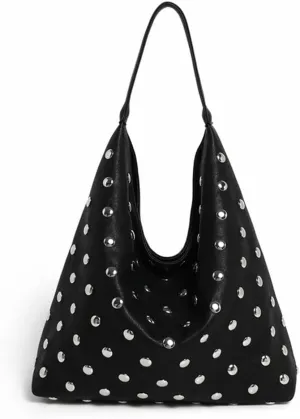 Studded Hobo Bags for Women Soft Vegan Leather Studded Shoulder Handbag Slouchy Tote Purses