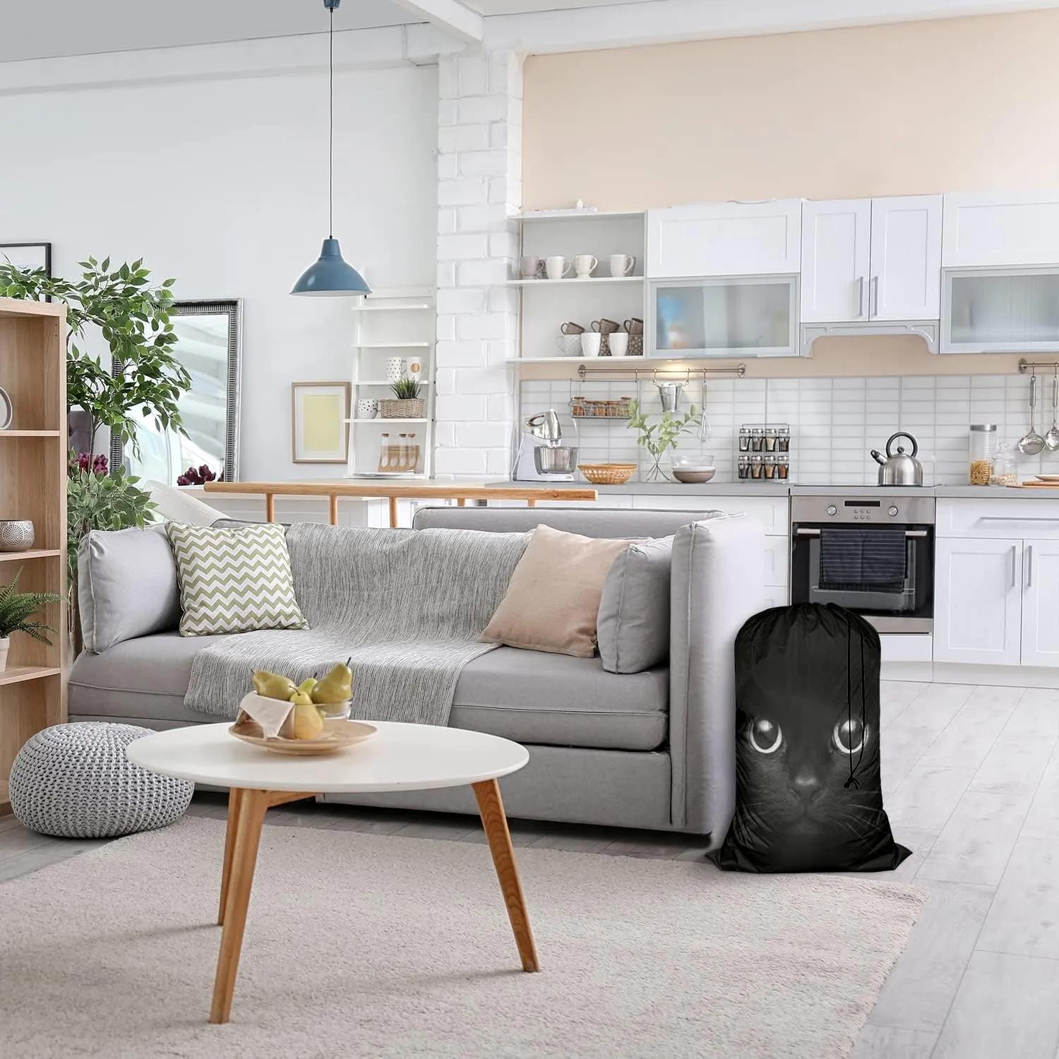 Swono Black Cool Cat Laundry Bag with Drawstring Straps, Heavy Duty Extra Large Laundry Bags for Laundromat Household, Cute Face Lovely Animal Kitten Eye Washable Dirty Clothes Bag Hamper Liner