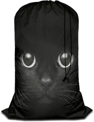 Swono Black Cool Cat Laundry Bag with Drawstring Straps, Heavy Duty Extra Large Laundry Bags for Laundromat Household, Cute Face Lovely Animal Kitten Eye Washable Dirty Clothes Bag Hamper Liner