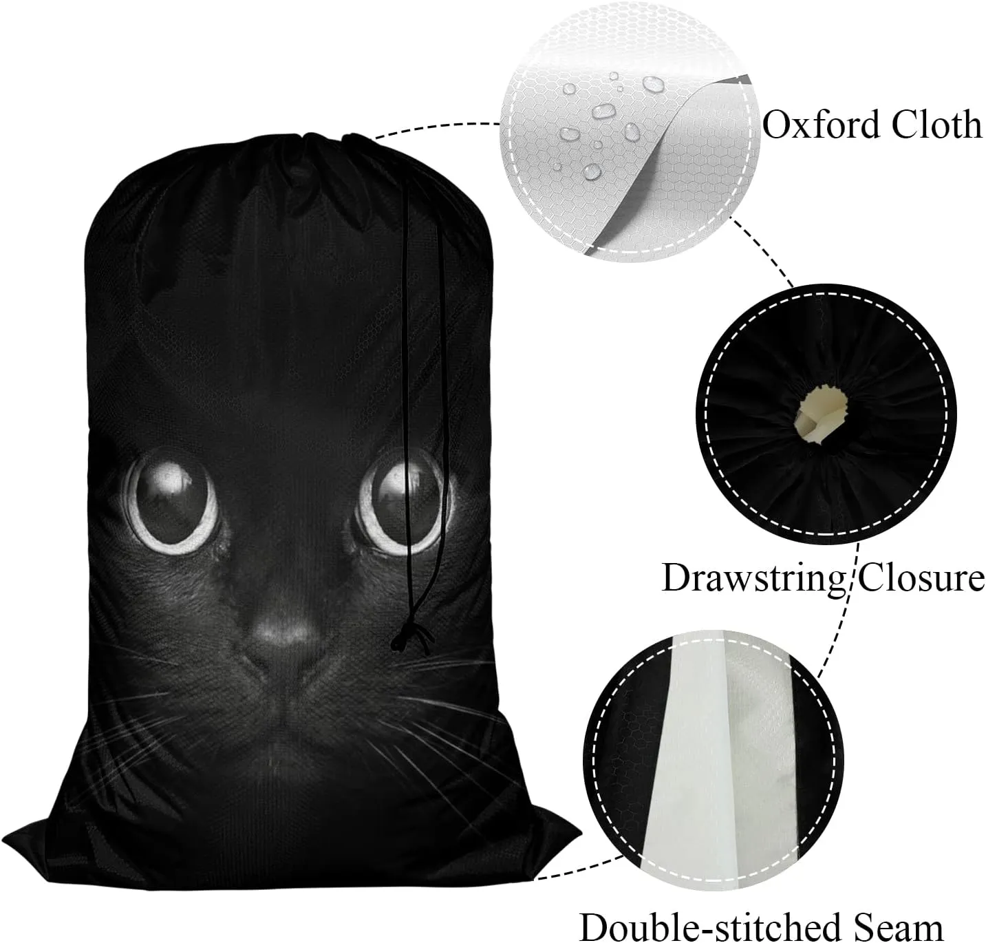 Swono Black Cool Cat Laundry Bag with Drawstring Straps, Heavy Duty Extra Large Laundry Bags for Laundromat Household, Cute Face Lovely Animal Kitten Eye Washable Dirty Clothes Bag Hamper Liner