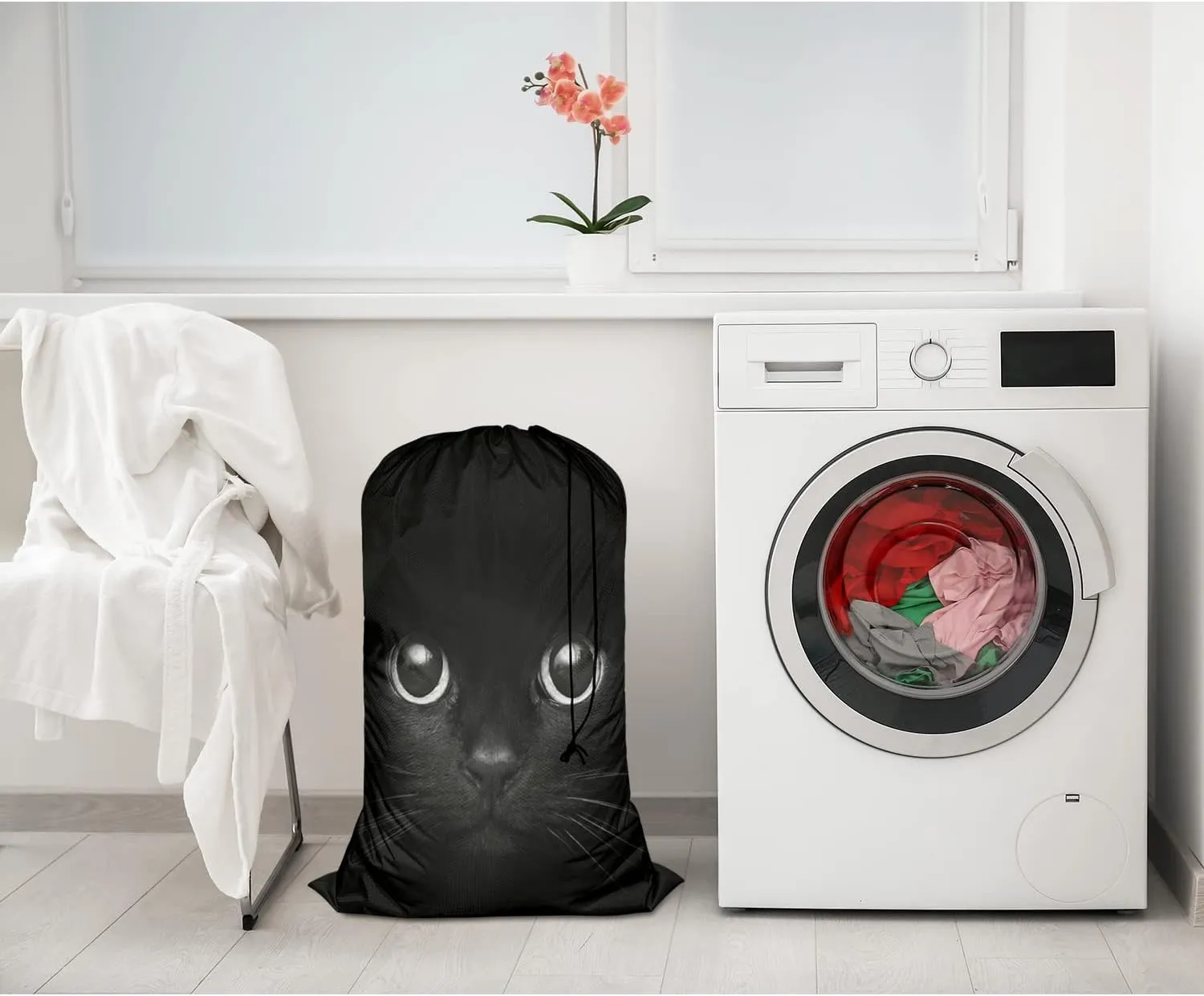 Swono Black Cool Cat Laundry Bag with Drawstring Straps, Heavy Duty Extra Large Laundry Bags for Laundromat Household, Cute Face Lovely Animal Kitten Eye Washable Dirty Clothes Bag Hamper Liner