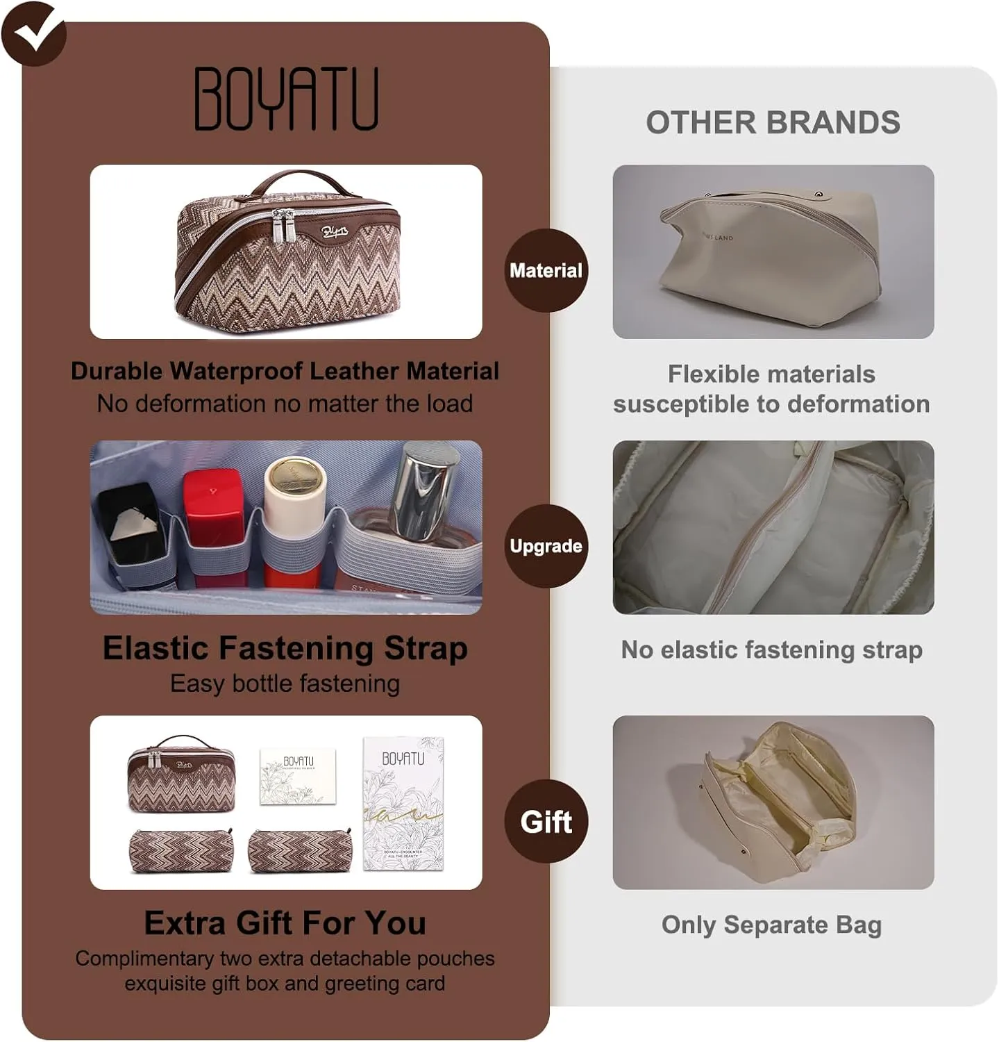 Travel Cosmetic Bag Makeup Bags for Women: Western Boho Make up Bag Set of 3 - Large Vegan Leather Cosmetic Organizer Bags with Compartments & Handle & Divider(Brown)