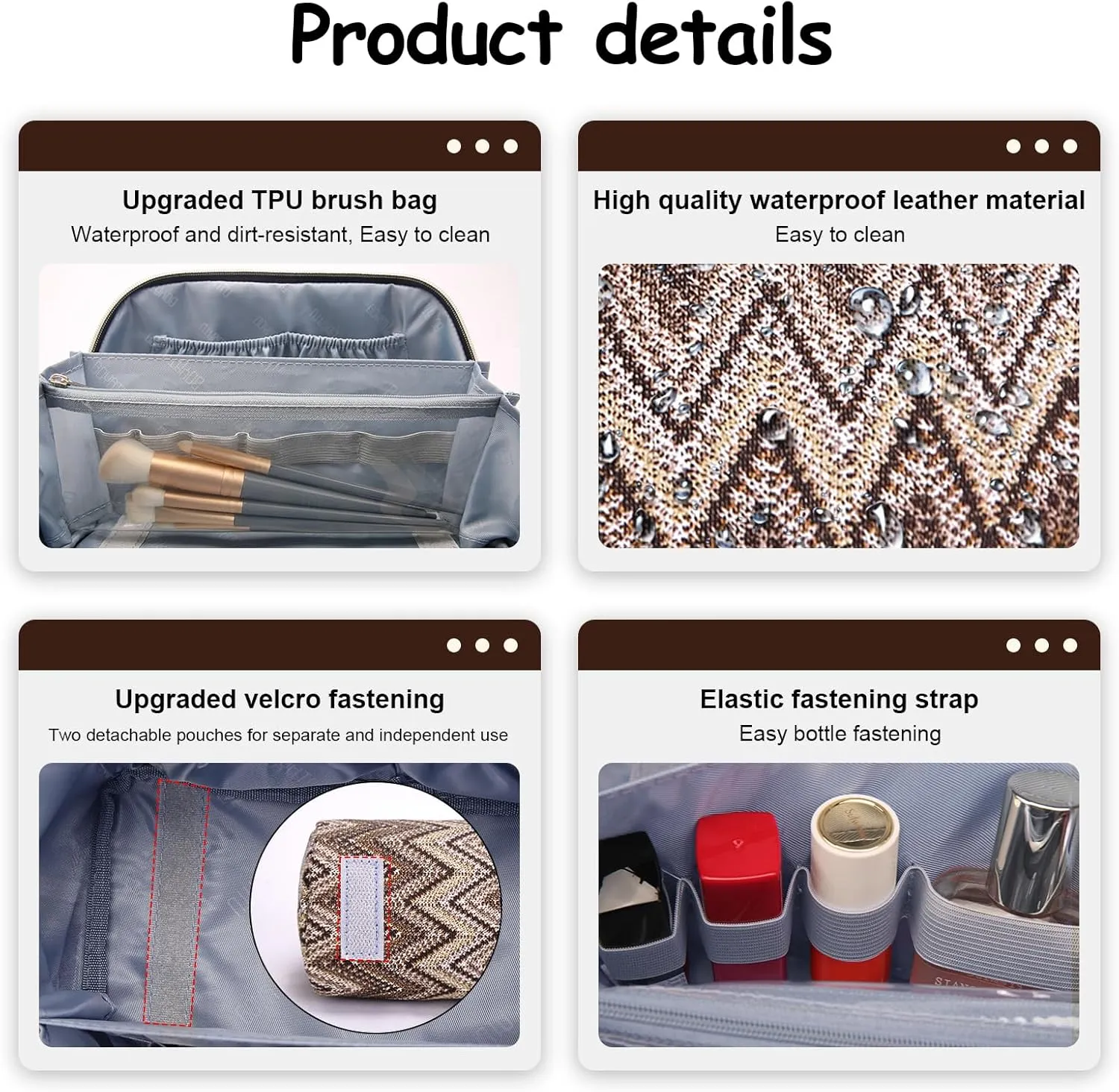 Travel Cosmetic Bag Makeup Bags for Women: Western Boho Make up Bag Set of 3 - Large Vegan Leather Cosmetic Organizer Bags with Compartments & Handle & Divider(Brown)