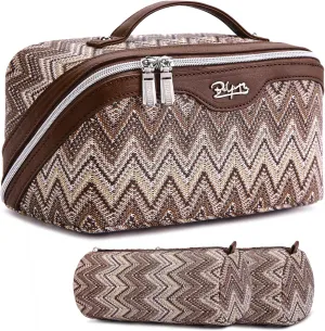 Travel Cosmetic Bag Makeup Bags for Women: Western Boho Make up Bag Set of 3 - Large Vegan Leather Cosmetic Organizer Bags with Compartments & Handle & Divider(Brown)