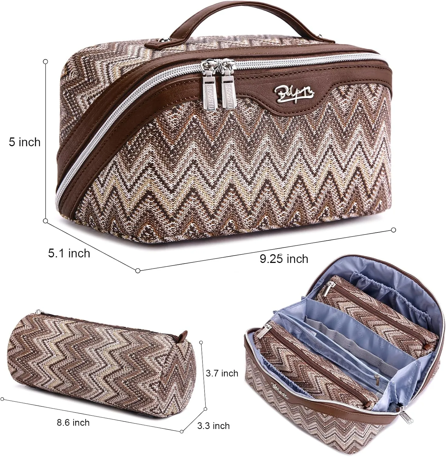Travel Cosmetic Bag Makeup Bags for Women: Western Boho Make up Bag Set of 3 - Large Vegan Leather Cosmetic Organizer Bags with Compartments & Handle & Divider(Brown)