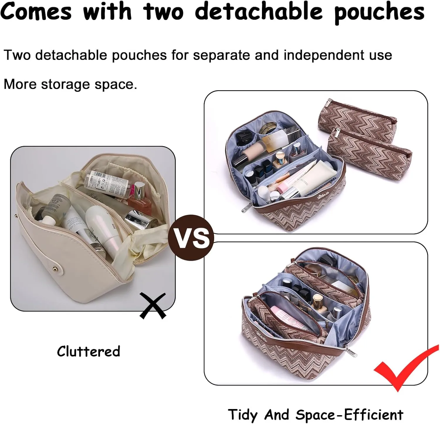 Travel Cosmetic Bag Makeup Bags for Women: Western Boho Make up Bag Set of 3 - Large Vegan Leather Cosmetic Organizer Bags with Compartments & Handle & Divider(Brown)