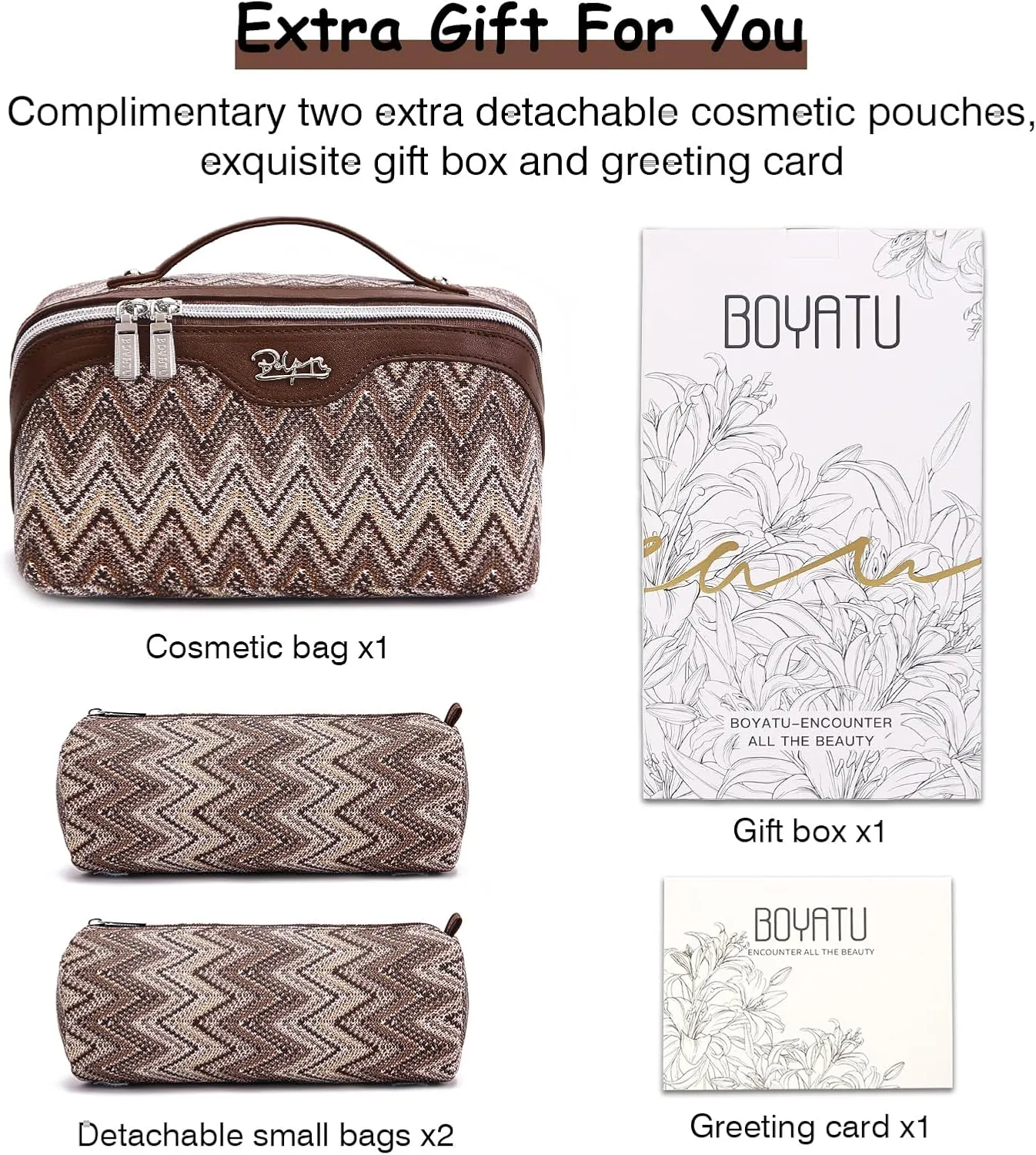 Travel Cosmetic Bag Makeup Bags for Women: Western Boho Make up Bag Set of 3 - Large Vegan Leather Cosmetic Organizer Bags with Compartments & Handle & Divider(Brown)