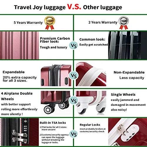 Travel Joy Expandable Carry on Luggage ABS PC Premium Suitcase TSA Locks Lightweight Spinner Wheels Hardshell Luggage (BLACK1, 1 pc carryon (20")