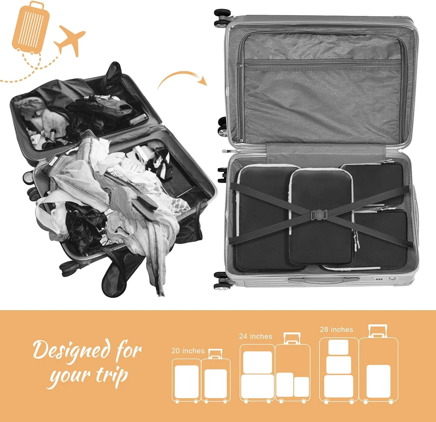 WOOMADA Compression Packing Cubes for Suitcases Travel Essentials 4 Set Expandable Travel Bags Organizer for Luggage(black)