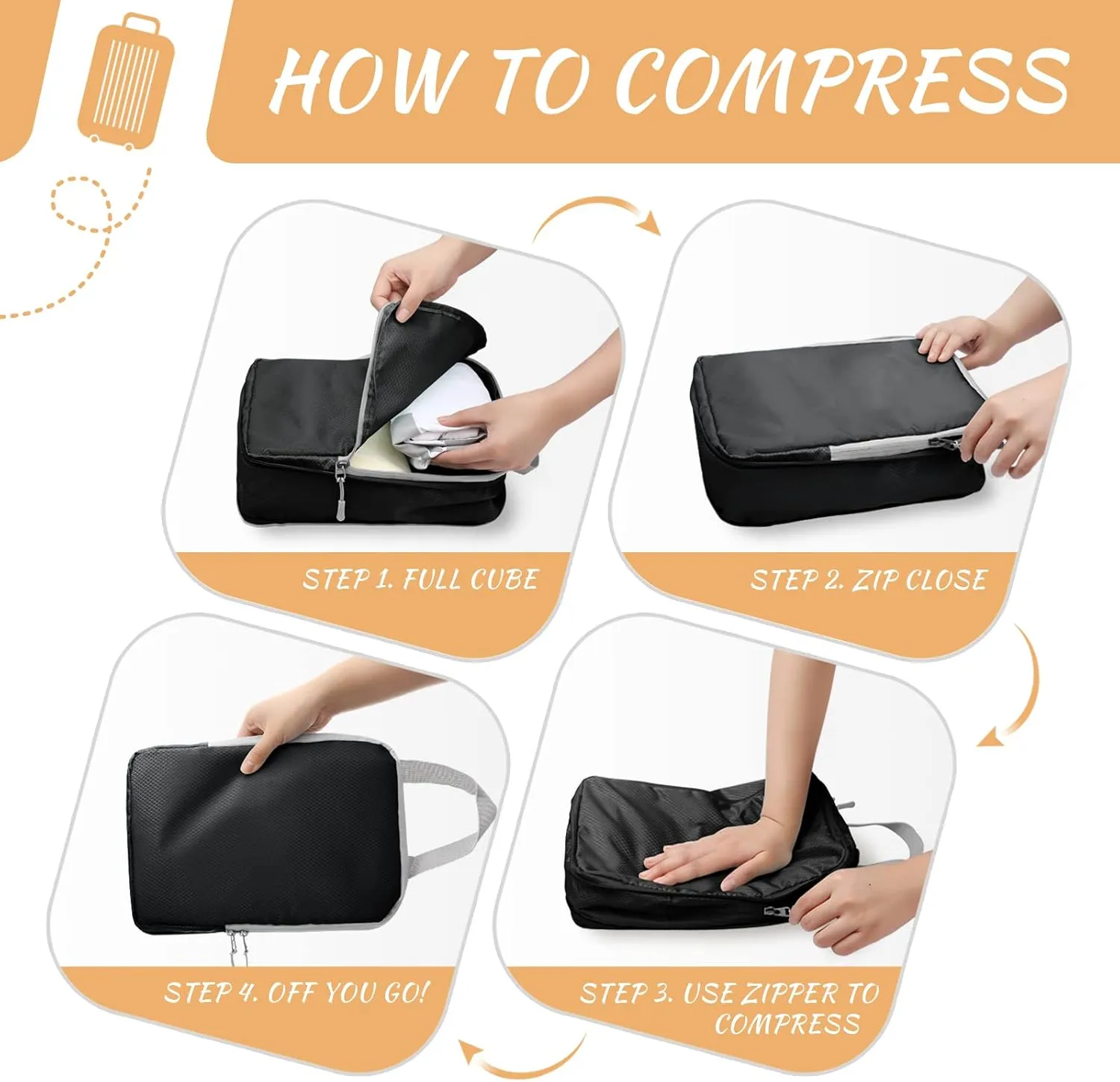WOOMADA Compression Packing Cubes for Suitcases Travel Essentials 4 Set Expandable Travel Bags Organizer for Luggage(black)