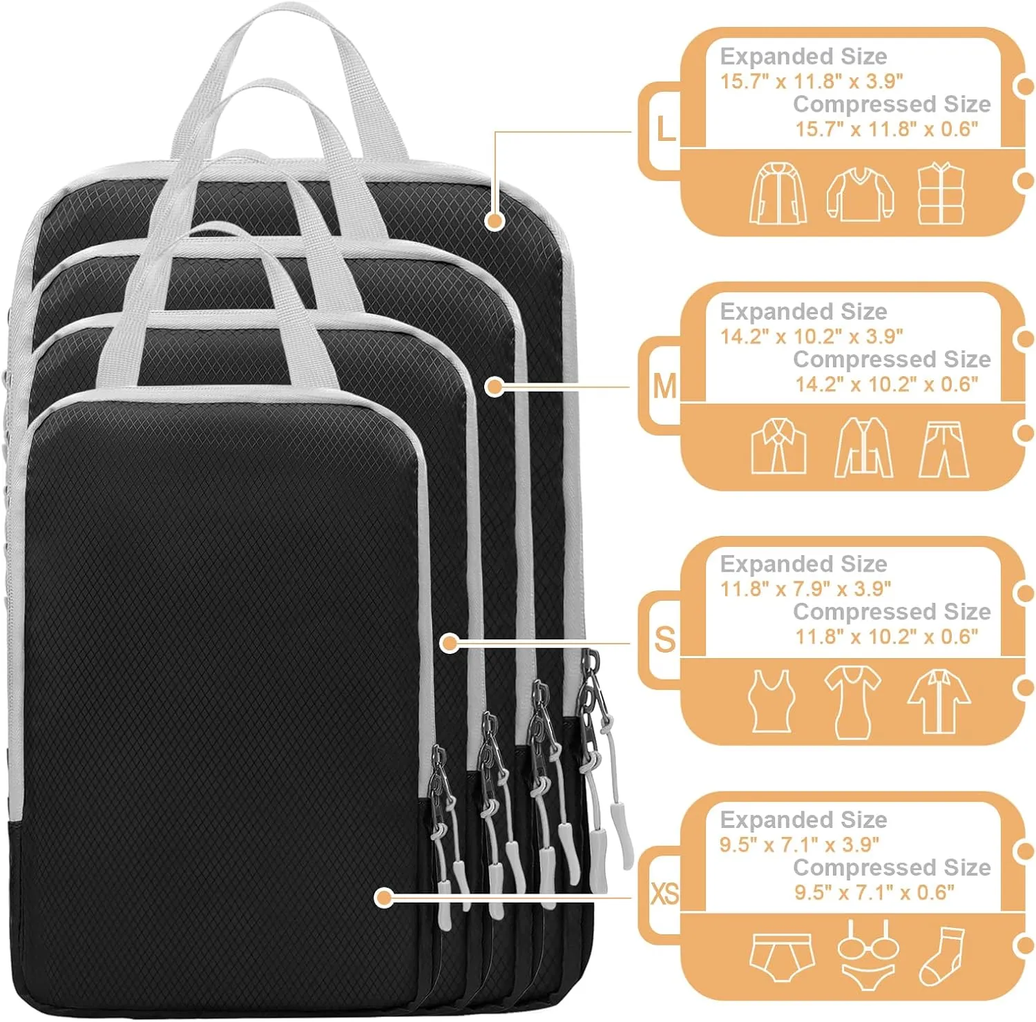 WOOMADA Compression Packing Cubes for Suitcases Travel Essentials 4 Set Expandable Travel Bags Organizer for Luggage(black)