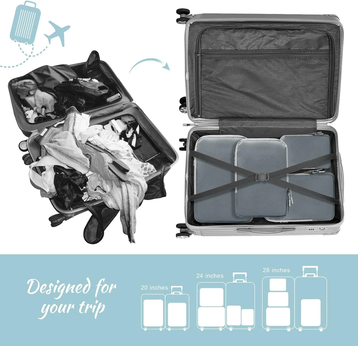 WOOMADA Compression Packing Cubes for Suitcases Travel Essentials 4 Set Expandable Travel Bags Organizer for Luggage(dark grey)