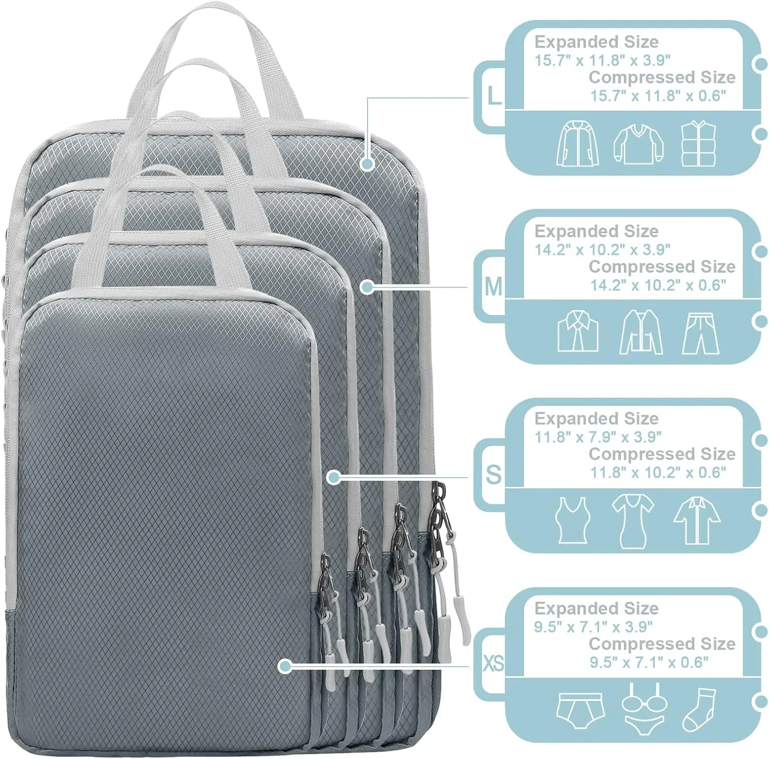 WOOMADA Compression Packing Cubes for Suitcases Travel Essentials 4 Set Expandable Travel Bags Organizer for Luggage(dark grey)