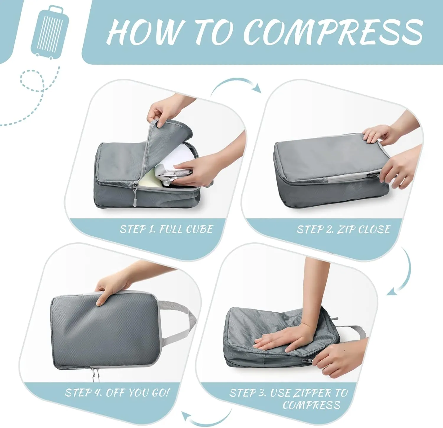WOOMADA Compression Packing Cubes for Suitcases Travel Essentials 4 Set Expandable Travel Bags Organizer for Luggage(dark grey)