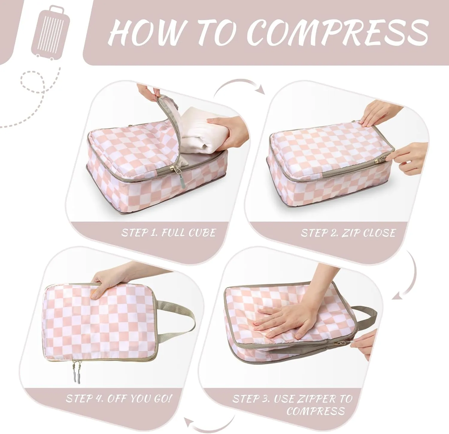 WOOMADA Compression Packing Cubes for Suitcases Travel Essentials 4 Set Expandable Travel Bags Organizer for Luggage(pink checkerboard)