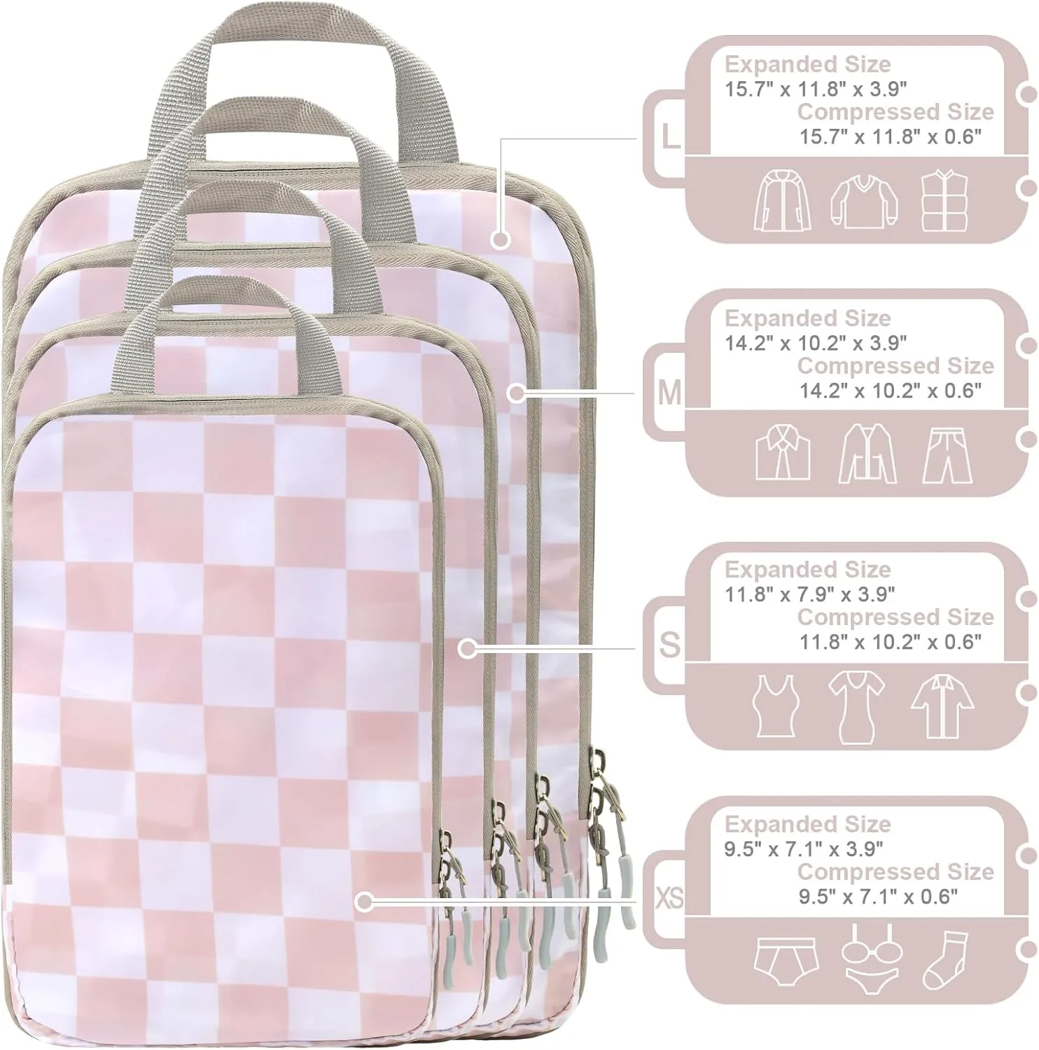 WOOMADA Compression Packing Cubes for Suitcases Travel Essentials 4 Set Expandable Travel Bags Organizer for Luggage(pink checkerboard)