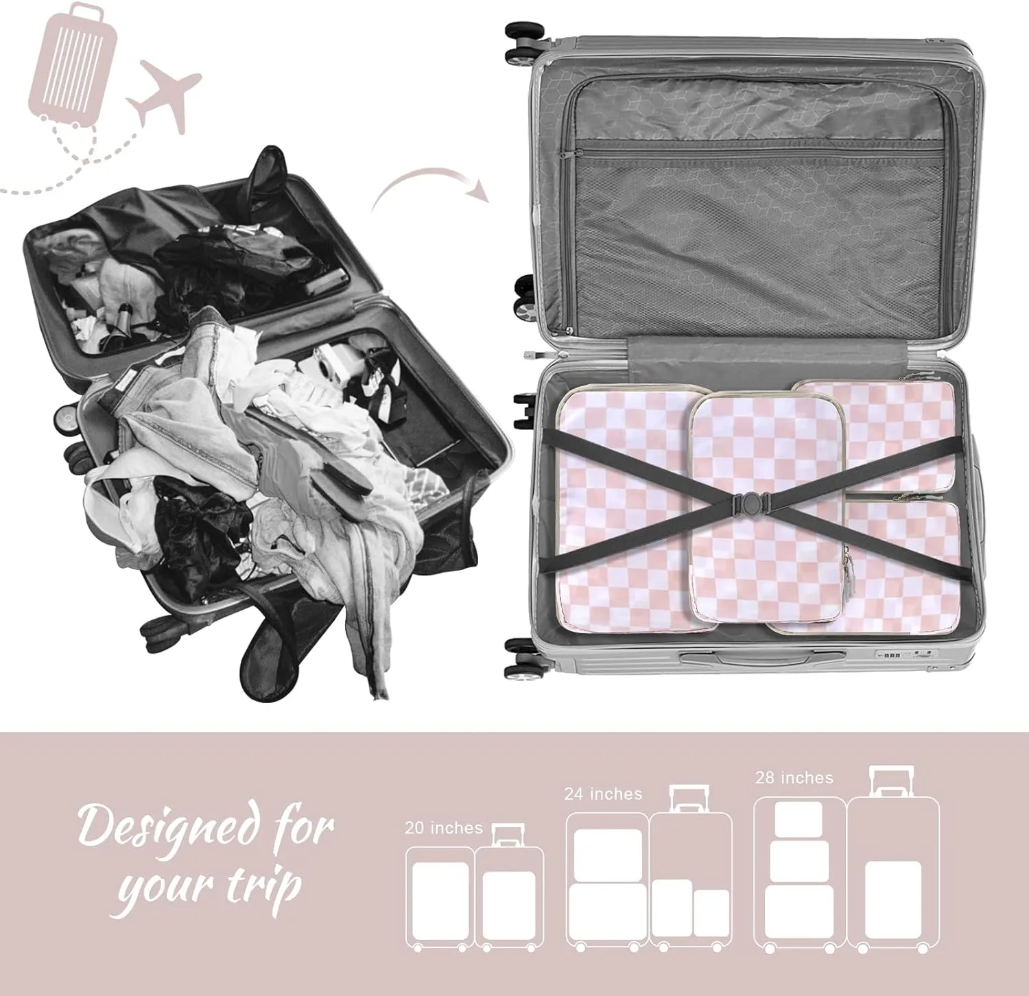 WOOMADA Compression Packing Cubes for Suitcases Travel Essentials 4 Set Expandable Travel Bags Organizer for Luggage(pink checkerboard)
